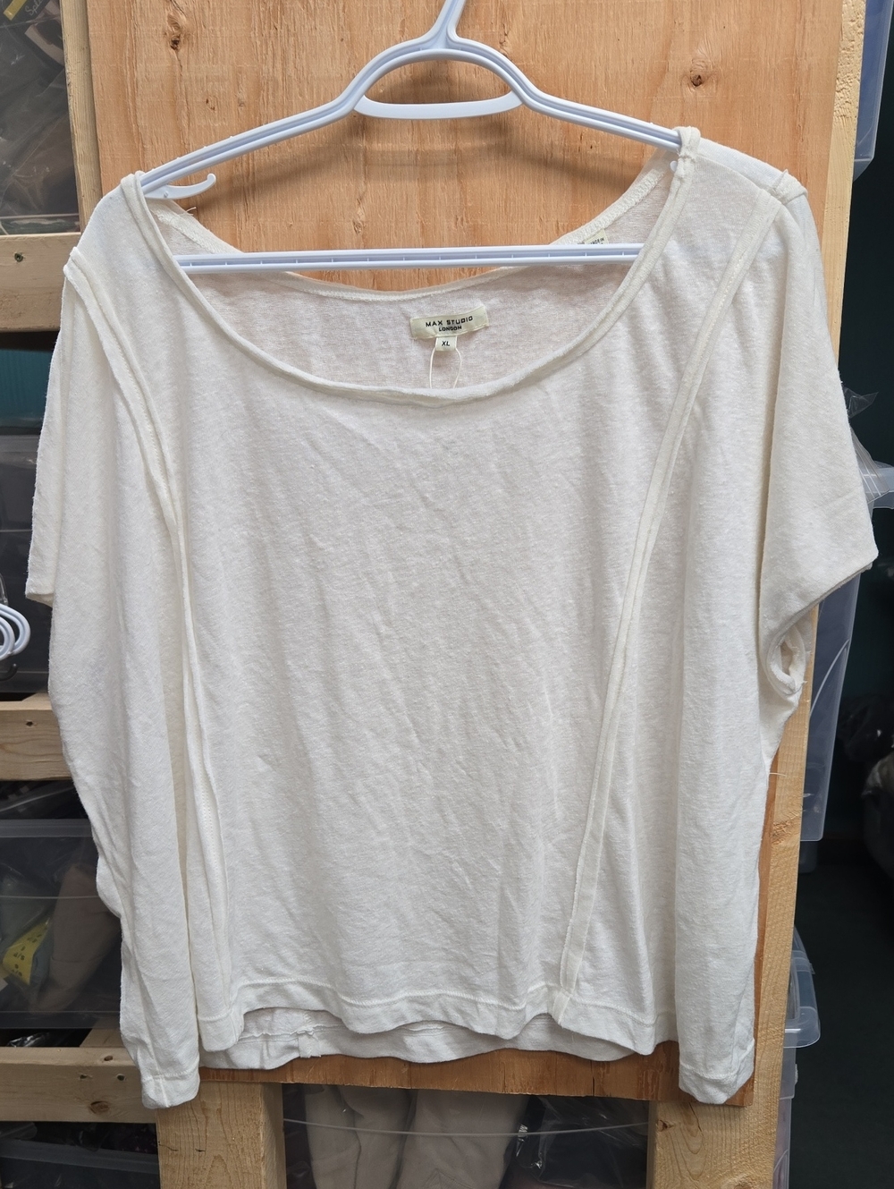 Max Studio Size XL Off-White Oversized Cropped Linen Blend Short Sleeve Shirt